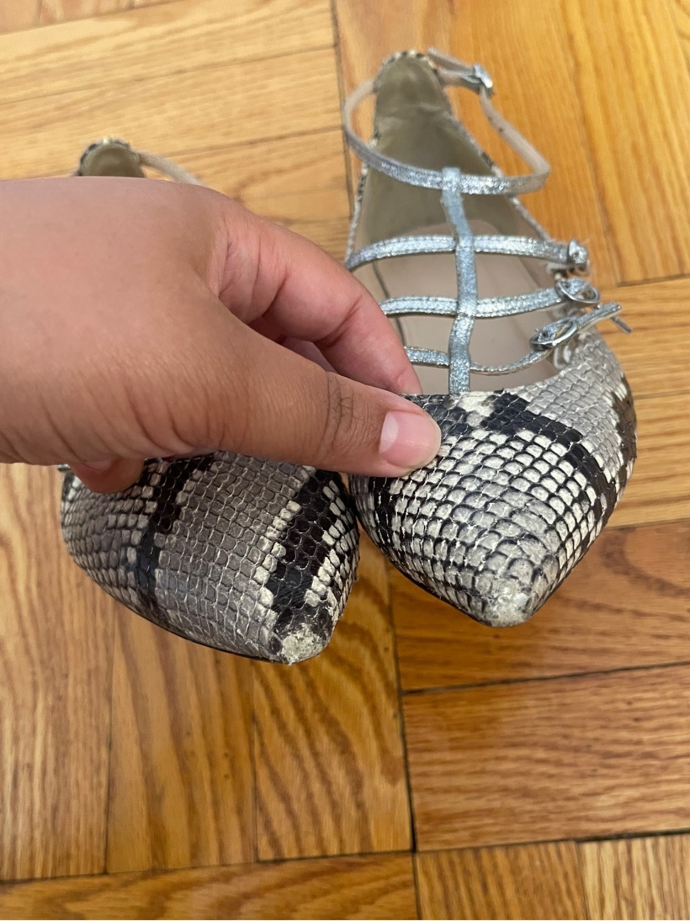 J. Crew Silver Snakeskin-Print Caged Pointed Flats - Picture 6 of 9